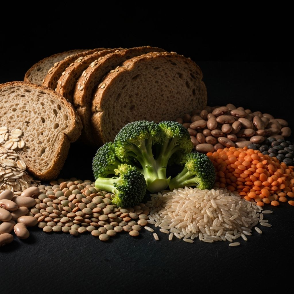 High-fiber foods including whole grain bread, oats, lentils, beans, and broccoli on a dark stone surface