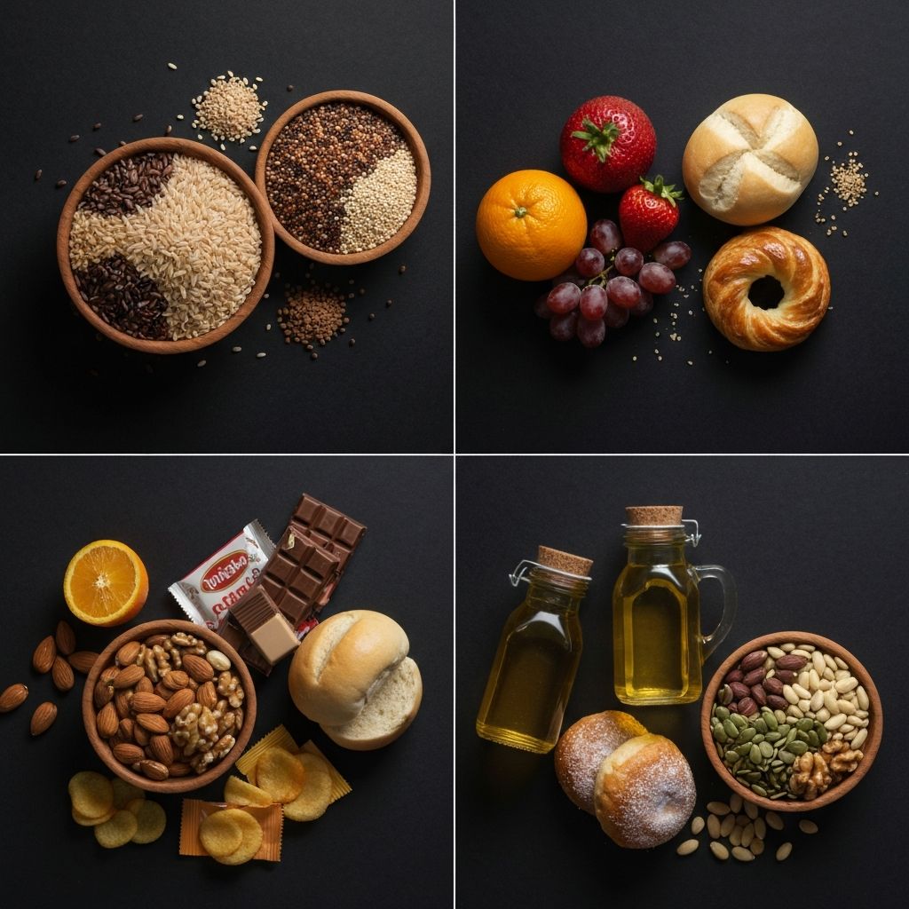 Comparison of whole grain foods versus refined carbs and fresh fruits versus processed snacks on a dark background